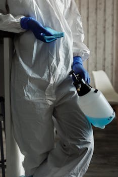 Person in PPE suit and gloves with disinfectant and cloth cleaning indoors.