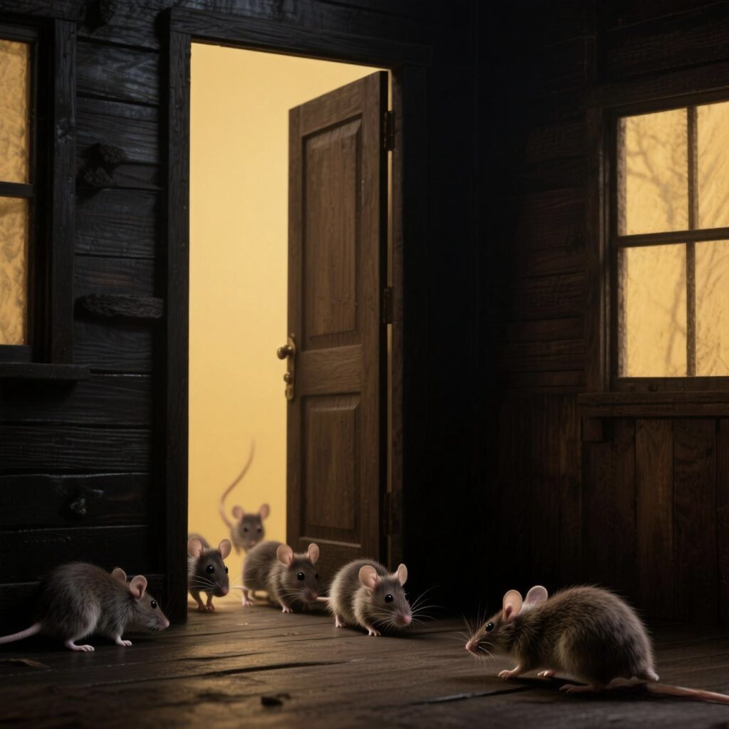 Mice entering a home through an open door at night,illustrating a mouse infestation risk for didcot households